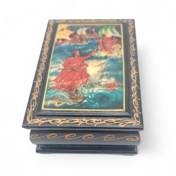 Boyarinoff Russian Trinket Tea Box Posiden Scene Lacquered Wood EUC 3.5" X 2.5"‎ - Picture 3 of 12